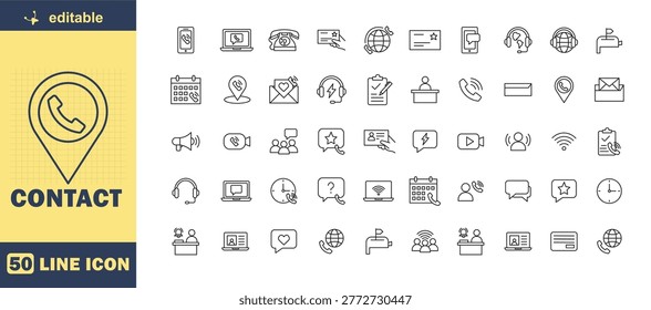 This image displays a set of 50 line icons related to contact and communication. The icons are arranged in rows on a white background. A yellow and blue banner on the left side showcases a phone icon within a map pin and the word CONTACT. The icons depict various symbols and signs for communication, business, and technology.