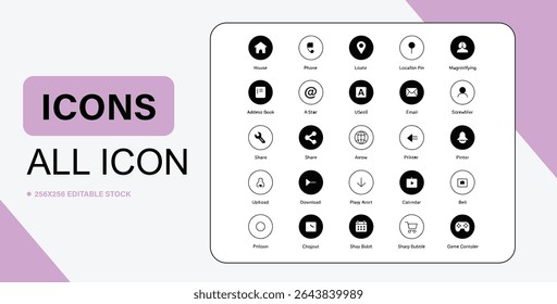 This image displays a set of basic icons, including home, phone, email, and more, ideal for UI design.