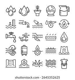 This image displays a set of black and white line icons related to water, covering various aspects like resources, conservation, and processes.