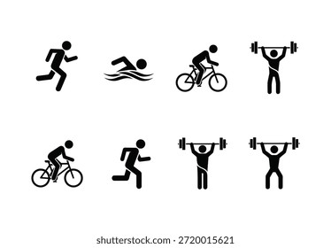 This image displays a set of black pictograms on a white background, illustrating various sports and fitness activities. The icons include a person running, a swimmer in water, a cyclist on a bicycle, and a weightlifter lifting a barbell overhead. The arrangement shows repetitions of these simple stick figure icons, representing different forms of exercise and physical activity, such as a multi-sport event like a triathlon combined with strength training.