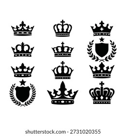 This image displays a set of black silhouette icons featuring various designs of crowns and heraldic elements. The collection includes different styles of royal headwear, such as imperial crowns with arches and simpler coronets, as well as two designs incorporating a shield surrounded by a laurel wreath. The icons are arranged in a grid-like pattern against a plain white background, providing clean and versatile graphic elements suitable for design projects related to royalty, luxury, or emblems.
