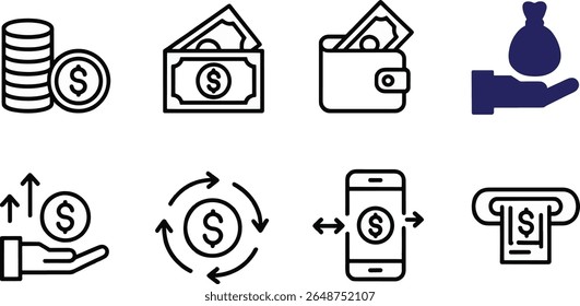 Dieses Bild zeigt eine Reihe von acht Finanzsymbolen in einem sauberen, Silhouettenstil. Jedes Symbol stellt einen anderen Aspekt von Geld und Transaktionen dar, alle einzeln auf weißem Hintergrund.