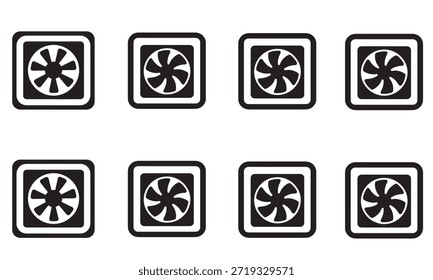 Esta Imagen muestra un conjunto de ocho íconos dispuestos en dos filas. Cada icono representa un ventilador de refrigeración de ordenador, presentado en un estilo minimalista en blanco y negro dentro de un marco cuadrado. Los diseños individuales de los ventiladores muestran ligeras variaciones en el número de palas o su posicionamiento, lo que sugiere diferentes modelos o estados de los ventiladores. Es probable que esta colección se utilice como Elementos de interfaz de usuario, iconos de aplicaciones o ilustraciones técnicas relacionadas con el hardware, la ventilación o el diseño tecnológico de la computadora.