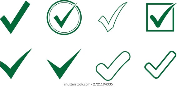 Esta Imagen muestra un conjunto de ocho diferentes símbolos de marca de verificación verde, organizados en dos filas de cuatro contra un fondo blanco limpio.