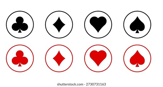 Esta imagem mostra um conjunto de oito símbolos de cartas de baralho organizadas em duas linhas. A linha superior apresenta símbolos pretos, enquanto a linha inferior apresenta símbolos vermelhos. Os símbolos incluem paus, diamantes, corações e espadas, cada um deles envolto em círculos.