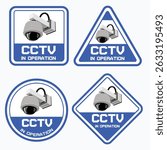 This image displays a set of four CCTV dome camera warning signs in a clean blue and white color scheme. Each sign features a different shape square,triangle,circle,and diamond. 