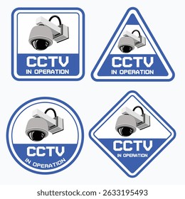 This image displays a set of four CCTV dome camera warning signs in a clean blue and white color scheme. Each sign features a different shape square,triangle,circle,and diamond. 