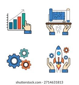 Esta Imagen muestra un conjunto de cuatro íconos distintos relacionados con los negocios y las empresas emergentes, cada uno de los cuales simboliza un aspecto diferente del desarrollo y la estrategia empresarial. El icono superior izquierdo presenta un gráfico de barras que ilustra el crecimiento y la tendencia ascendente, con una mano que apunta hacia la barra más alta, que representa el análisis de rendimiento y el éxito. El ícono superior derecho muestra dos manos sosteniendo un plano o Plan con un gráfico de líneas fluctuante, que significa planificación, desarrollo de estrategias y sostenimiento de una idea de negocio. El icono de la parte inferior izquierda contiene tres engranajes coloridos, que simbolizan el proceso, el mecanismo y las operaciones. El ícono inferior derecho muestra dos manos sosteniendo un cohete de lanzamiento rodeado de engranajes, que representa el lanzamiento, la innovación y el progreso de una empresa emergente.