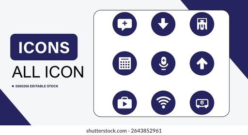 This image displays a set of nine distinct white icons against a dark blue circular background, representing various functions and features.