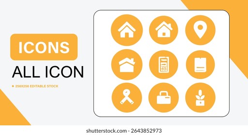 This image displays a set of nine simple icons in white on yellow circles, representing various concepts like home, location, and growth.
