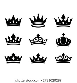 Esta Imagen muestra un conjunto de nueve siluetas de corona diferentes dispuestas en una cuadrícula de tres por tres sobre un fondo blanco limpio. Cada icono de corona presenta un diseño único, mostrando diferentes estilos de sombreros reales, desde coronas simples y puntiagudas hasta diseños más intrincados y tradicionales. La colección incluye variaciones que pueden representar a un rey, una reina o un tema de Regalías general. Los Vectores minimalistas en blanco y negro son perfectos para usar como logotipos, emblemas o Elementos de diseño en proyectos relacionados con el poder, la autoridad o el prestigio.