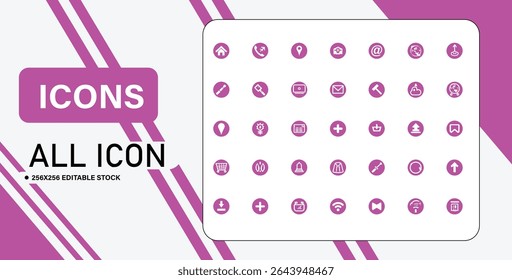 This image displays a set of pink icons, including symbols for home, phone, email, shopping, and other common functions.