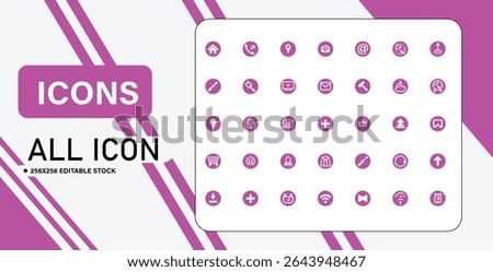 This image displays a set of pink icons, including symbols for home, phone, email, shopping, and other common functions.