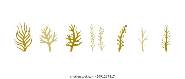 This image displays a set of seven golden stylized branches, each having a unique shape and pattern, isolated against a white background.