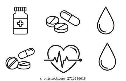 This image displays a set of six minimalist black and white line art icons related to healthcare and medicine. The collection includes icons for a pill bottle with a cross symbol, various arrangements of pills and capsules, a heart with an electrocardiogram (ECG) heartbeat line, and liquid or water drops. These simple vector icons are suitable for medical illustrations, infographics, and user interface design.