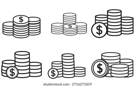 Esta imagem mostra um conjunto de seis ícones com contornos distintos que representam pilhas de moedas. As variações no desenho mostram diferentes arranjos de pilhas de moedas, algumas incluindo um símbolo de dólar ($) em uma única moeda ou em cima de uma pilha. Essas ilustrações de arte em preto e branco são ideais para uso em aplicações financeiras, apresentações de negócios ou materiais educacionais para simbolizar conceitos como economia, investimento, acumulação de riqueza e crescimento financeiro.