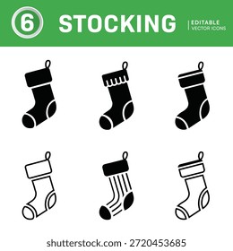 Dieses Bild zeigt eine Reihe von sechs verschiedenen Weihnachtsstrumpf-Symbole in Schwarz und Weiß, geeignet für verschiedene Design-Anwendungen.