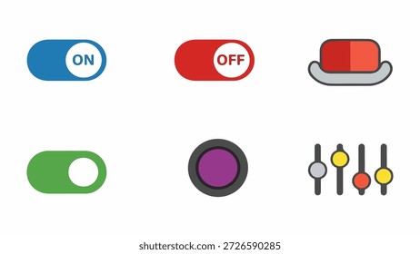 Esta imagem exibe um conjunto de seis ícones distintos, cada um representando uma forma de controle da interface do usuário. A linha superior apresenta três ícones: um interruptor de alternância azul que indica o status "ON", um interruptor de alternância vermelho que indica o status "OFF" e uma representação gráfica de um controle deslizante ou um botão de controle de volume. A linha inferior apresenta um interruptor de alternância verde em um estado inativo, um ícone circular com um centro roxo e um conjunto de quatro controles deslizantes verticais com indicadores coloridos, sugerindo ajuste ou configurações.