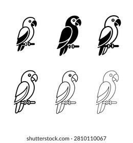 This image displays a set of six parrot icons in varying styles. The icons are rendered in black and white line art, with some filled silhouettes, all set against a white background. They depict a parrot perched on a branch.