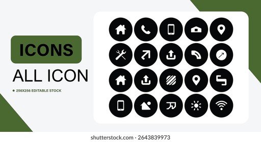 This image displays a set of sixteen different icons, each contained within a black circle, designed for diverse uses.