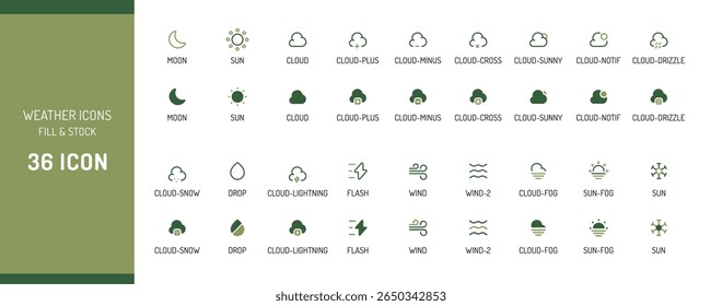 This image displays a set of thirty-six weather icons.  The icons are presented in two rows of eighteen, with labels beneath each. Weather Icons Fill 