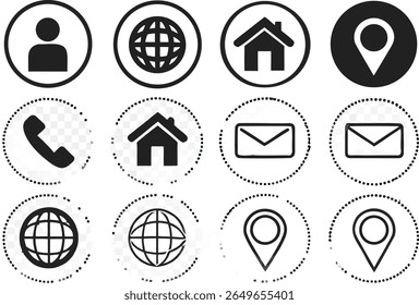 Esta imagem exibe um conjunto de doze ícones gráficos representando vários métodos de contato e informações. Os ícones são organizados em duas linhas, com a linha superior apresentando silhuetas pretas sólidas de um par