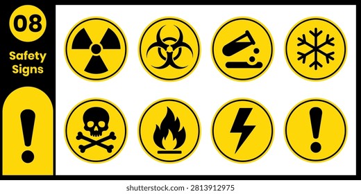 This image displays a set of yellow and black safety warning signs, including radiation, biohazard, flammable materials, electric shock, skull and crossbones, and fire hazards.