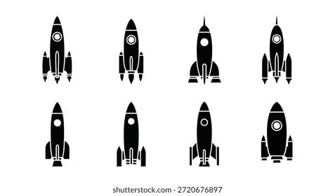 Esta Imagen muestra varios diseños de cohetes en un estilo de silueta negra atrevida y distintiva.