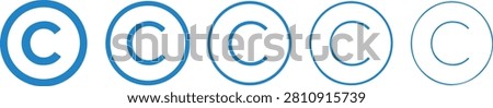 This image displays several variations of the copyright symbol, rendered as blue line art against a white background. The symbols feature a 'c' within a circle.