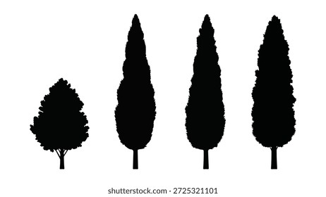 Esta Imagen muestra una silueta de cuatro árboles sobre un fondo blanco limpio. En el extremo izquierdo, hay un árbol caducifolio con un dosel redondeado y tupido. A su derecha, tres árboles altos y delgados de coníferas, probablemente cipreses o especies similares, están dispuestos en una línea. Sus formas son claramente cónicas y verticales, contrastando con la forma más completa del primer árbol. Las duras siluetas negras enfatizan las distintas Formas y formas de estos diferentes tipos de árboles.