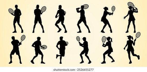 Dieses Bild zeigt Silhouetten von Tennisspielern in verschiedenen Action-Posen, die Schläger halten, während sie verschiedene Schläge wie Servieren, Volleying und Rückhandschaukeln ausführen, und dynamische Bewegungen zeigen