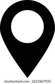 This image displays a simple black location pin icon on a white background, commonly used to represent precise location on maps, apps, and wayfinding.