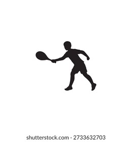 This image displays a simple black silhouette of a person playing a racket sport against a plain white background. The figure is depicted in a dynamic, forward-leaning stance, arm extended to swing a racket in what appears to be a forehand stroke. The minimalistic style focuses entirely on the player's form and motion.