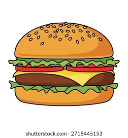 Esta Imagen muestra una ilustración de dibujos animados simple y colorida de una hamburguesa clásica.