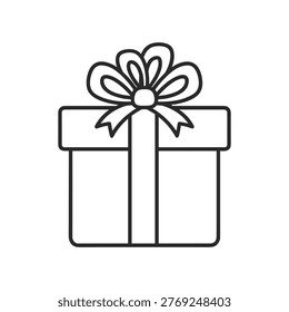 This image displays a simple line drawing of a gift box with a rectangular shape and two vertical lines indicating the wrapping. The box is tied with a large decorative bow positioned at the top center, giving it a festive appearance.