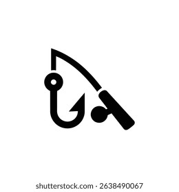 This image displays a simplified black fishing rod with a hook and bobber, rendered in minimalist style against a clean, white background. Flat vector graphic.