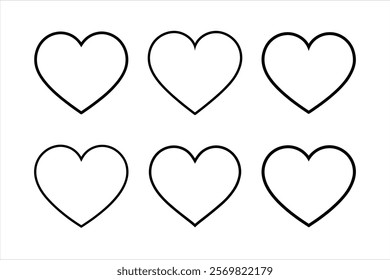 This image displays six black outline hearts on a plain white background.