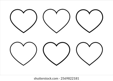 This image displays six black outline hearts on a plain white background.