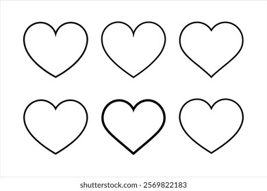 This image displays six black outline hearts on a plain white background.