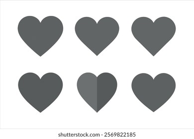 This image displays six black outline hearts on a plain white background.