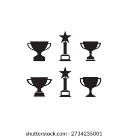 This image displays six black silhouette icons of trophies arranged in two rows of three against a white background. The collection features two main designs: traditional two-handled cups and column-style trophies topped with a five-pointed star. The simple, clean graphic style represents symbols of achievement, awards, and recognition.