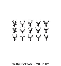 This image displays six black silhouettes of deer against a plain white background. The minimalist designs show the deer in various poses, including standing still, trotting or running, and grazing with their heads lowered to the ground. This collection offers different graphic representations of a deer.