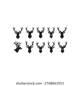 This image displays six black silhouettes of deer against a plain white background. The minimalist designs show the deer in various poses, including standing still, trotting or running, and grazing with their heads lowered to the ground. This collection offers different graphic representations of a deer.