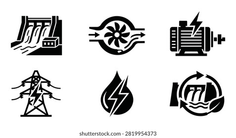 This image displays six black silhouettes representing various energy sources and infrastructure including a power plant wind turbine and electrical