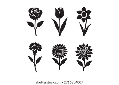Esta Imagen muestra seis diferentes siluetas de flores en blanco y negro, mostrando varias formas florales.