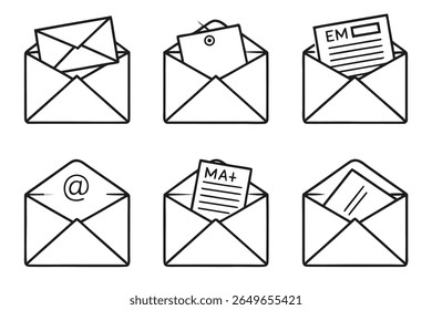 This image displays six distinct line art icons, each featuring an open envelope. The envelopes are rendered in simple black outlines on a white background. The contents vary across the icons, includi
