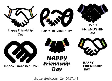 This image displays six diverse black handshake icons, some with rainbow cuffs and others with solid cuffs, which are meant to celebrate Happy Friendship Day using minimalist art.