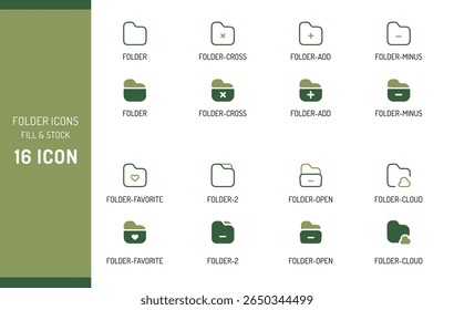 This image displays sixteen folder icons in two color variations: olive green and a darker shade of green.  The icons depict various folder states, A header indicates "FOLDER ICONS FILL 