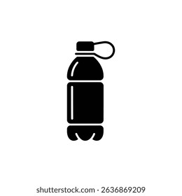 This image displays a solid black, simple silhouette of a plastic water bottle. It features a cap with an attached loop, isolated against a plain white background.