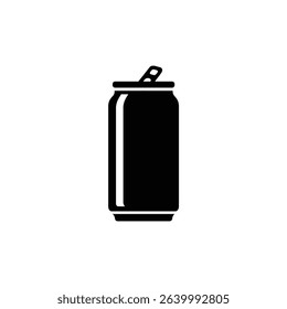 This image displays a solitary, solid black soda can, rendered as a vector graphic on a clean, white background. The design includes a visible pull tab on top.